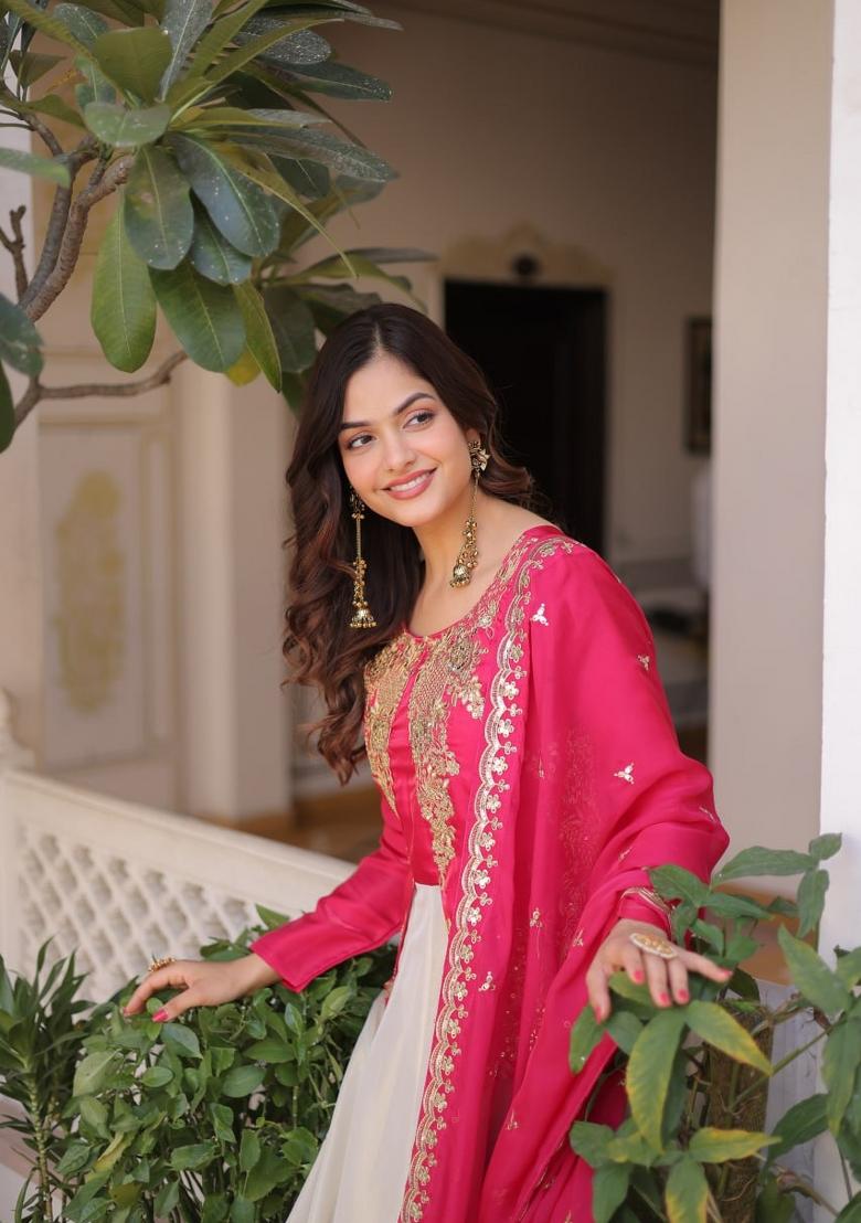 Pink Embroidered Silk Blend Anarkali With Dupatta - Indya