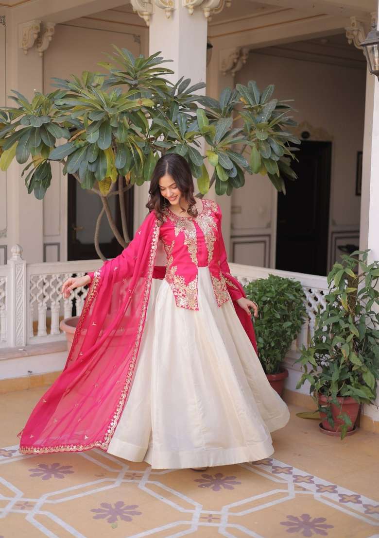 Pink Embroidered Silk Blend Anarkali With Dupatta - Indya