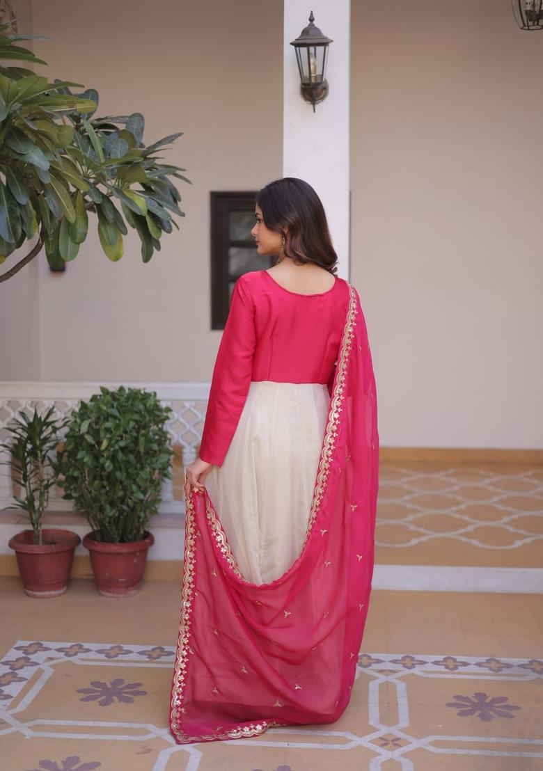 Pink Embroidered Silk Blend Anarkali With Dupatta - Indya
