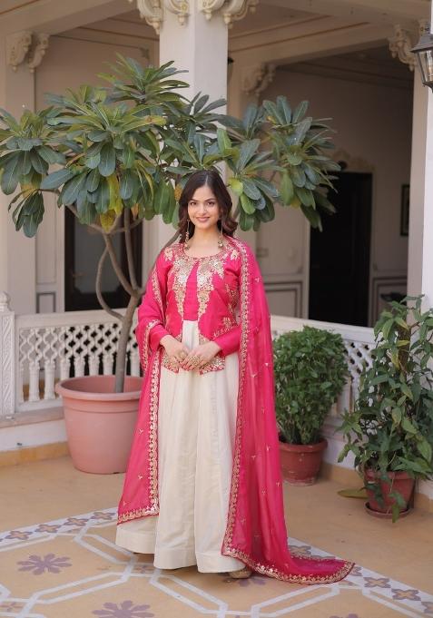 Pink Embroidered Silk Anarkali With Dupatta