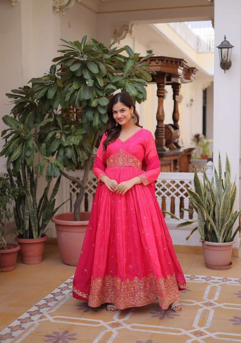 Pink Embroidered Silk Blend Anarkali With Dupatta - Indya