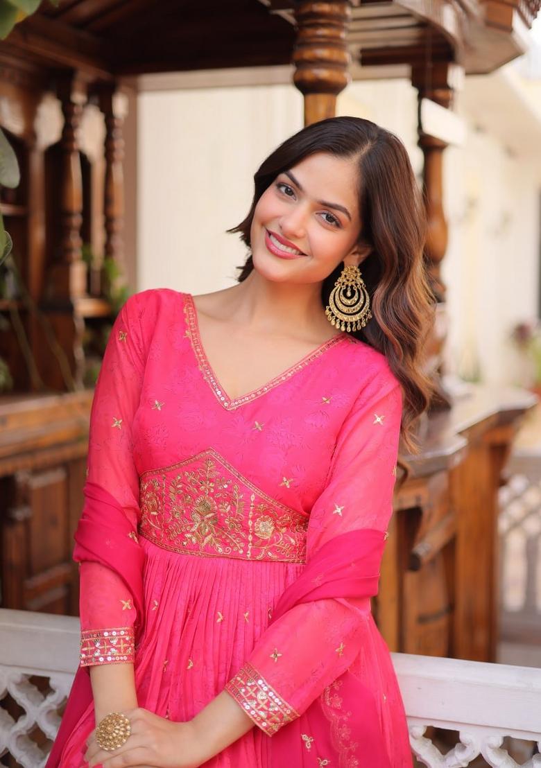 Pink Embroidered Silk Blend Anarkali With Dupatta - Indya