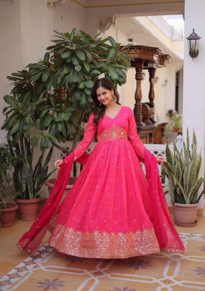 Pink Embroidered Silk Blend Anarkali With Dupatta - Indya