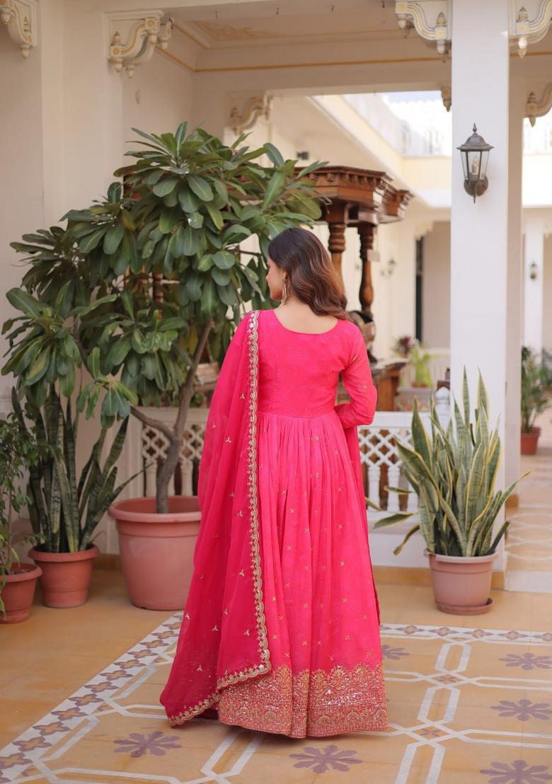 Pink Embroidered Silk Blend Anarkali With Dupatta - Indya