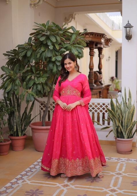 Pink Embroidered Silk Anarkali With Dupatta