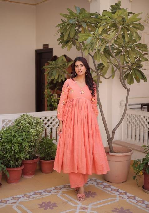 Peach Embroidered Cotton Anarkali