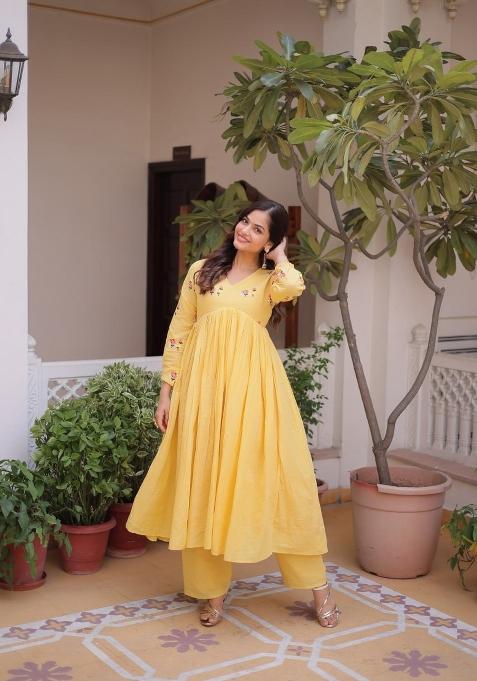 Yellow Embroidered Cotton Anarkali