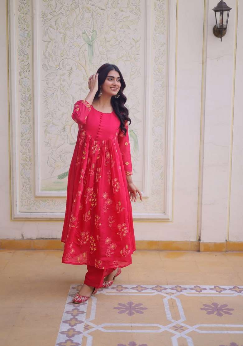 Pink Embroidered Silk Blend Anarkali Set - Indya