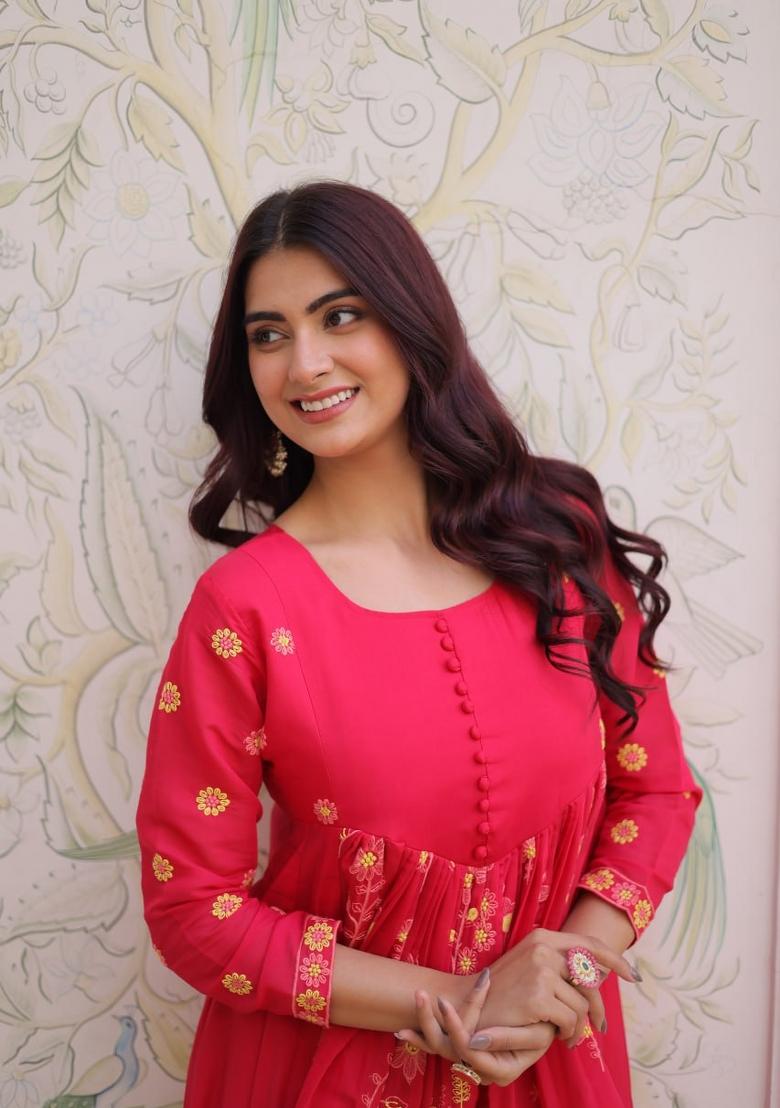 Pink Embroidered Silk Blend Anarkali Set - Indya