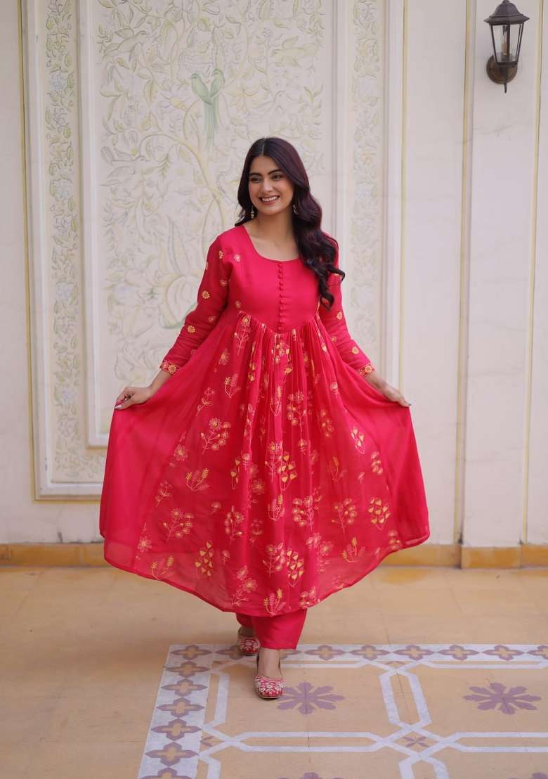 Pink Embroidered Silk Blend Anarkali Set - Indya