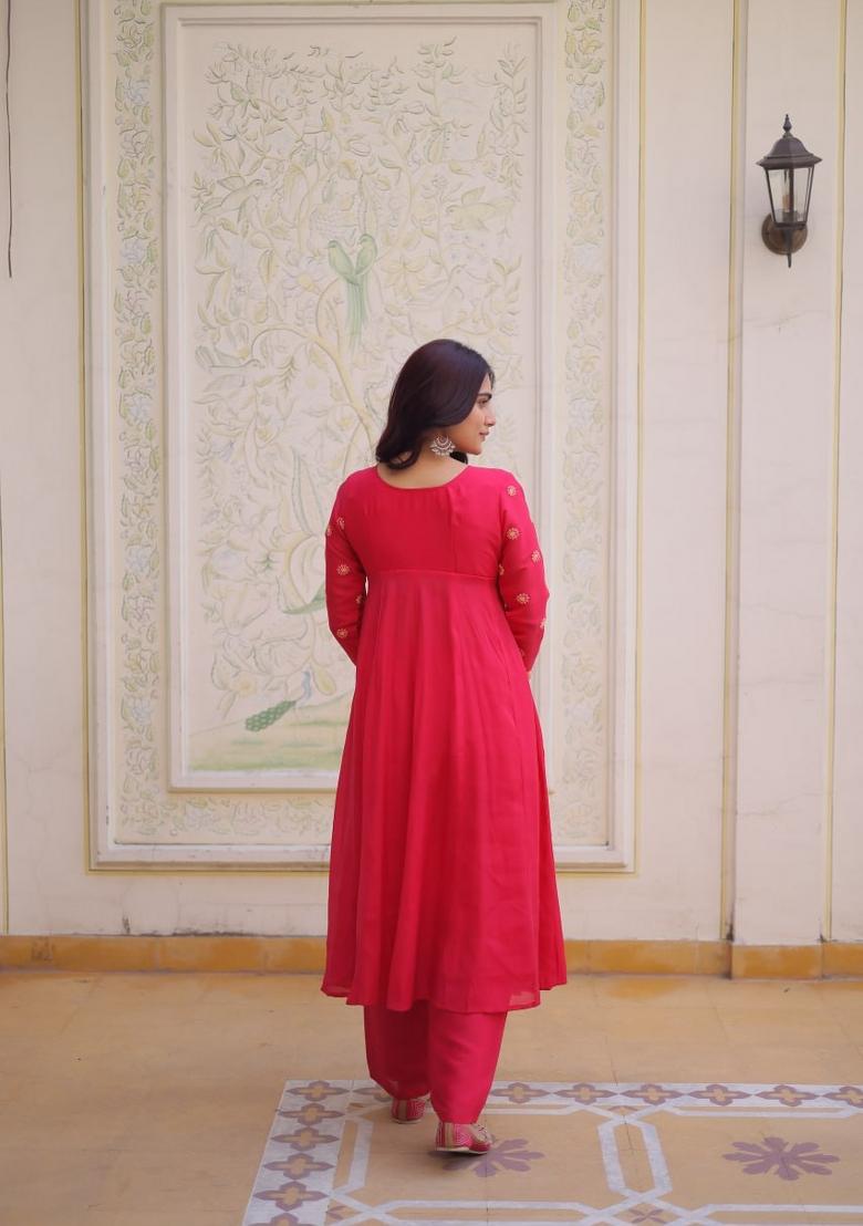 Pink Embroidered Silk Blend Anarkali Set - Indya