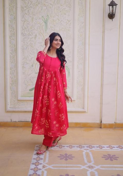 Pink Embroidered Silk Anarkali Set