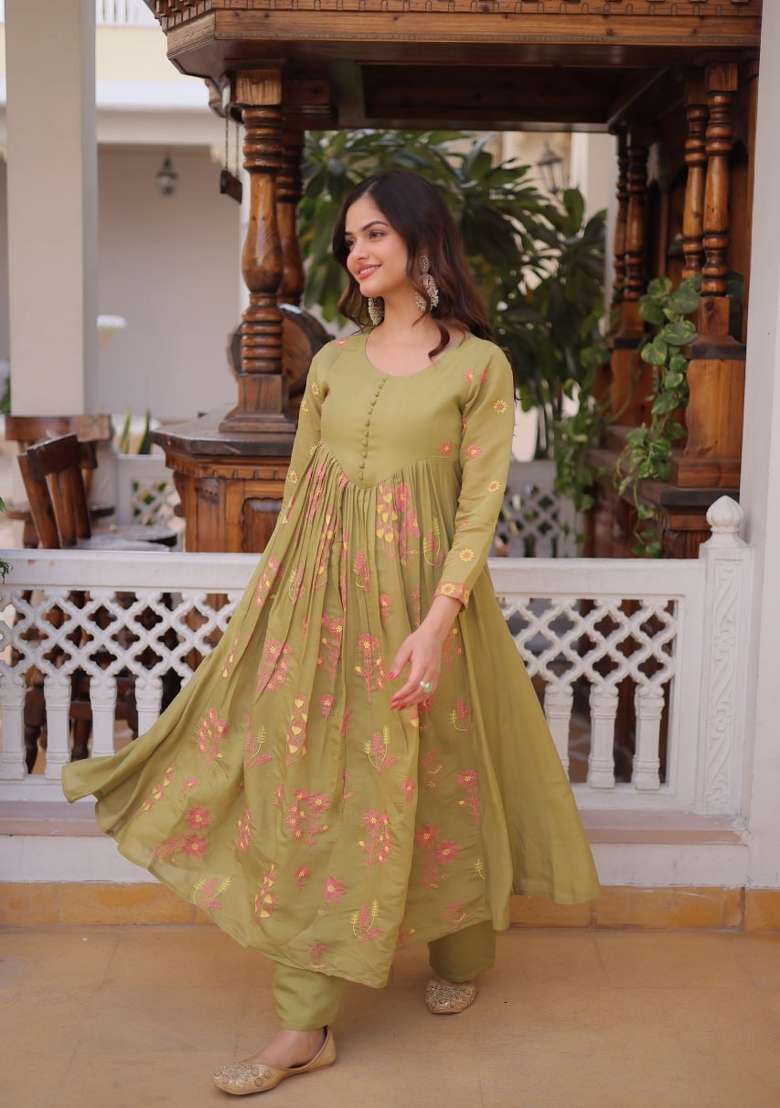 Light Parrot Green Embroidered Silk Blend Anarkali Set - Indya