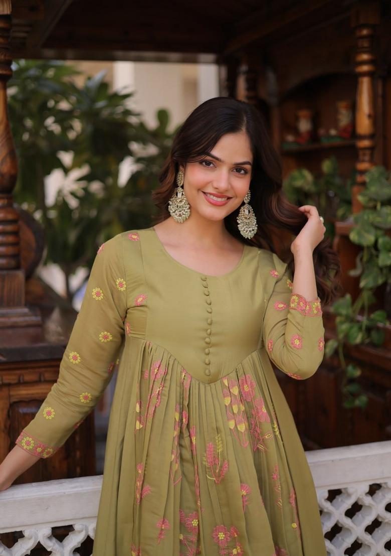 Light Parrot Green Embroidered Silk Blend Anarkali Set - Indya