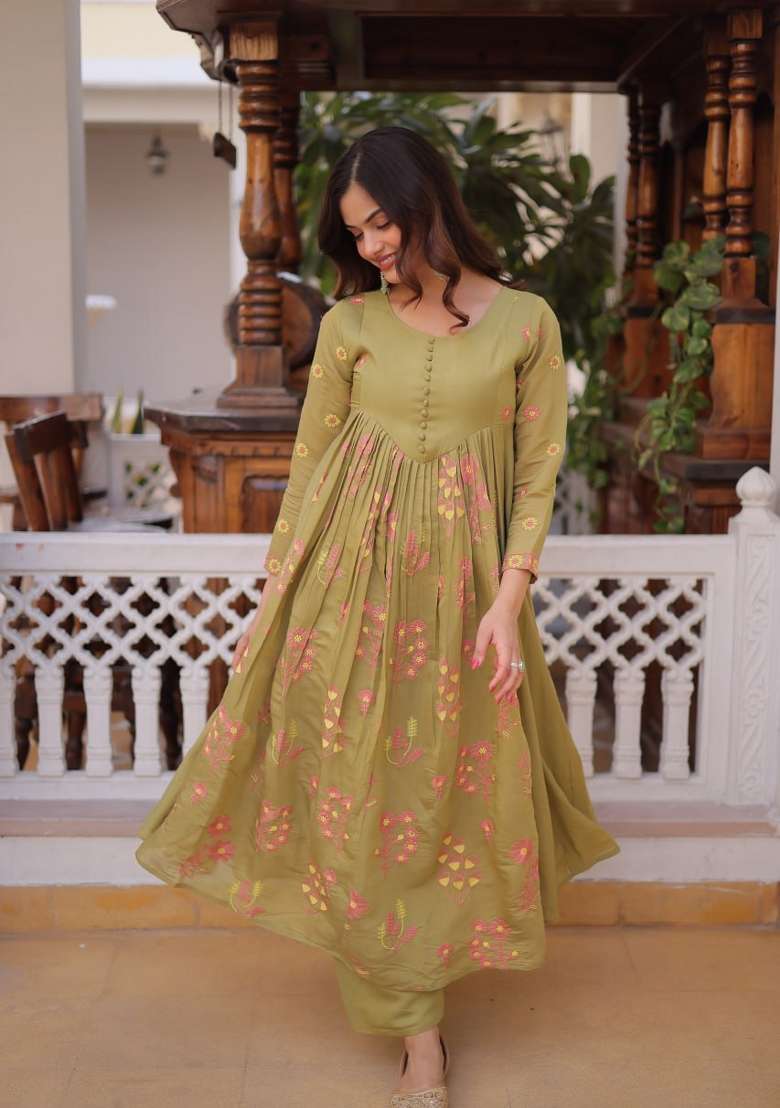 Light Parrot Green Embroidered Silk Blend Anarkali Set - Indya
