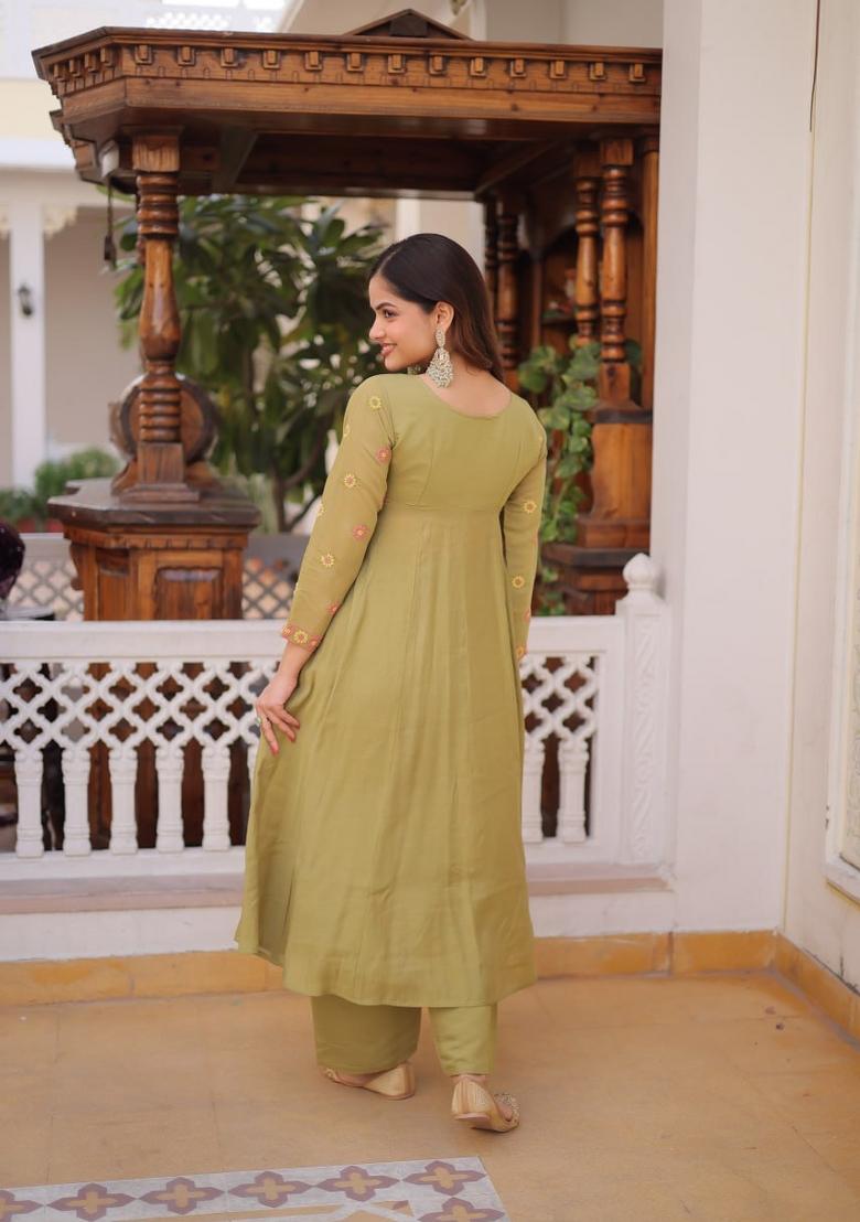Light Parrot Green Embroidered Silk Blend Anarkali Set - Indya