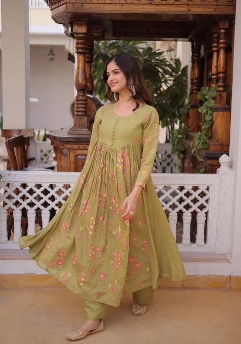 Light Parrot Green Embroidered Silk Anarkali Set