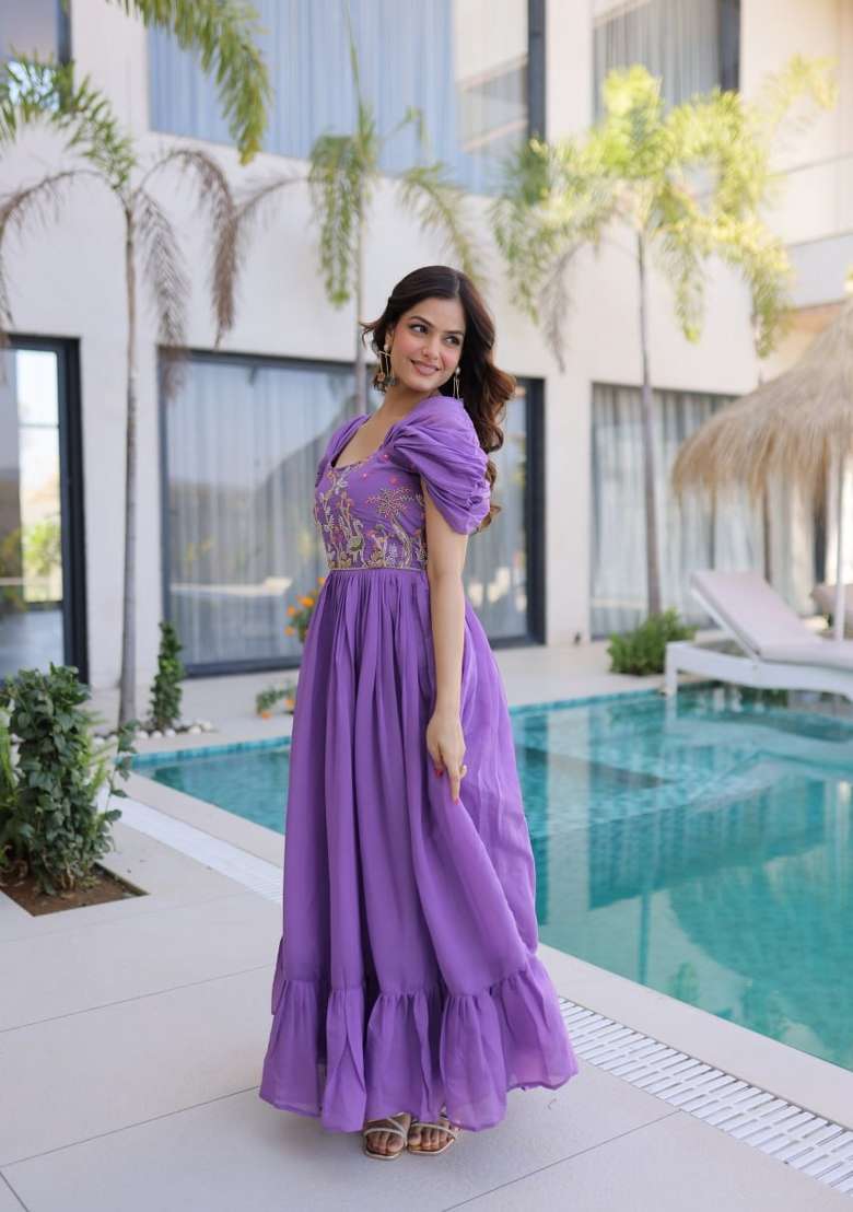 Purple Embroidered Silk Blend Anarkali - Indya
