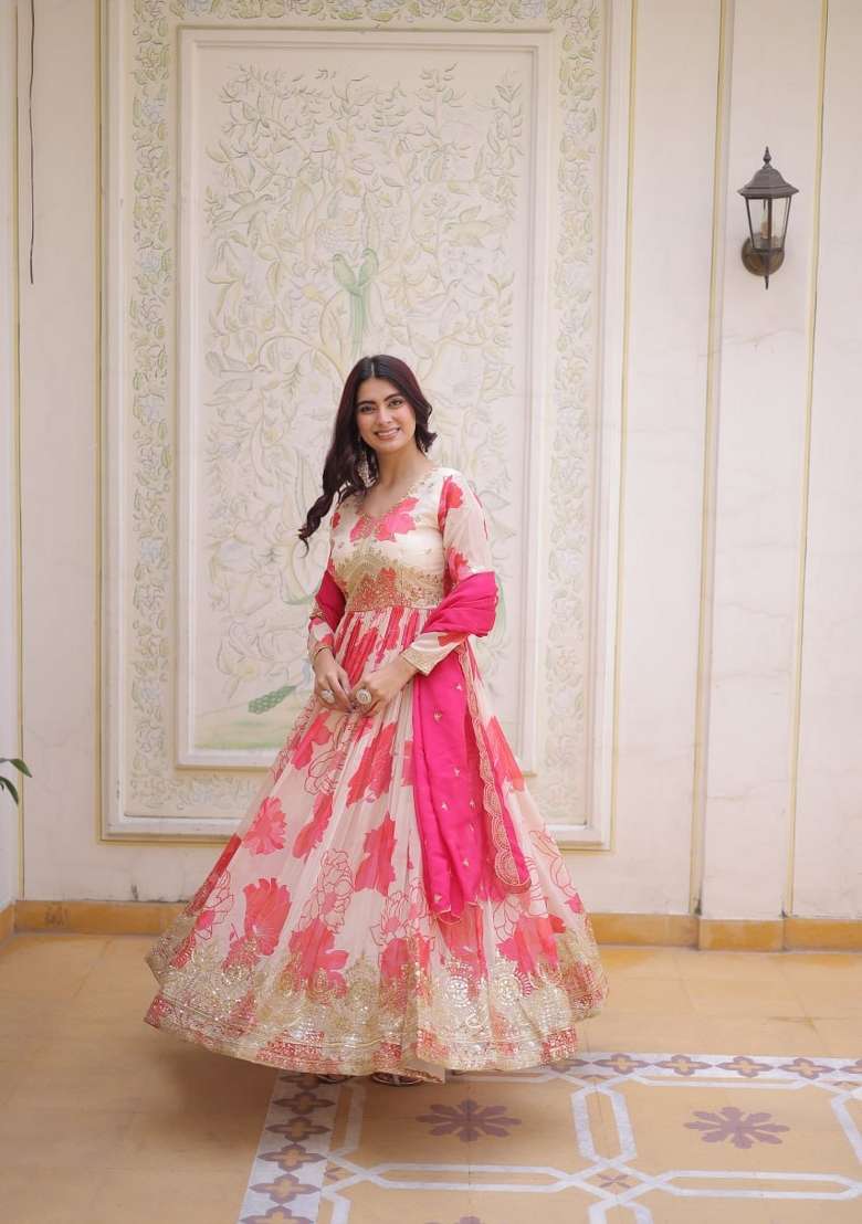 Red Embroidered Silk Blend Anarkali - Indya
