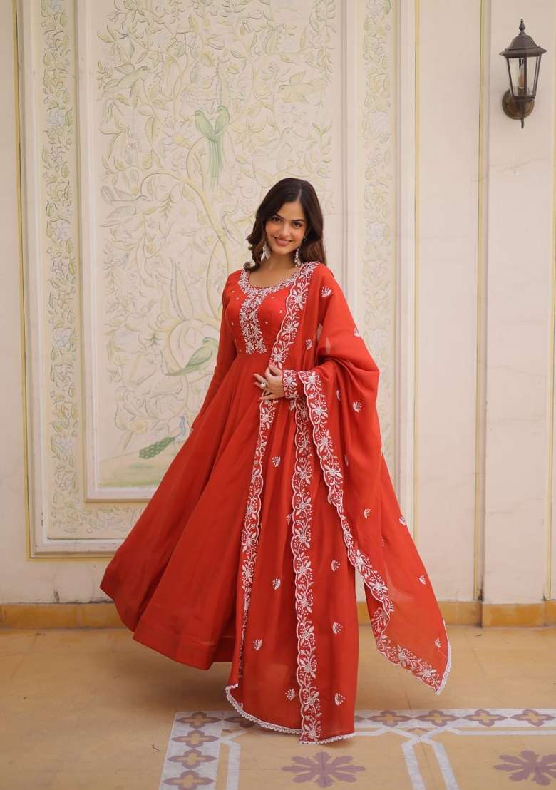 Orange Embroidered Silk Blend Anarkali With Dupatta - Indya