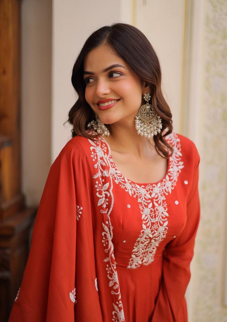Orange Embroidered Silk Blend Anarkali With Dupatta - Indya