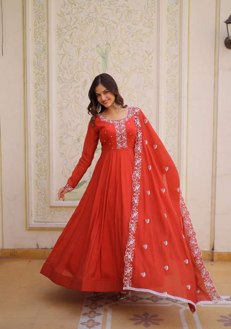 Orange Embroidered Silk Blend Anarkali With Dupatta - Indya