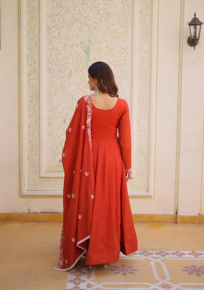 Orange Embroidered Silk Blend Anarkali With Dupatta - Indya
