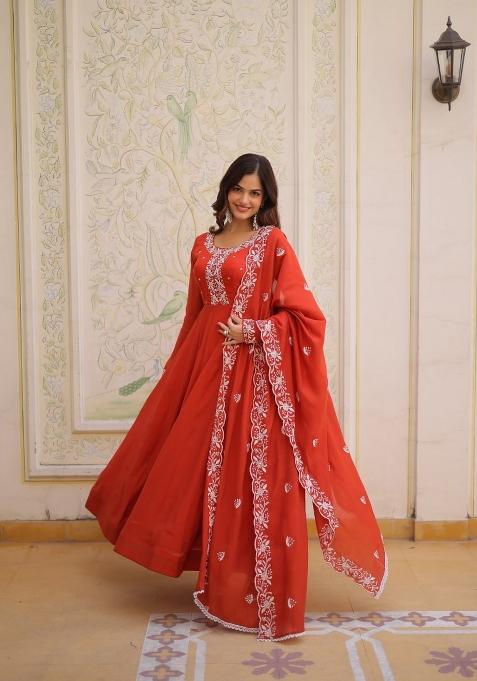 Orange Embroidered Silk Anarkali With Dupatta