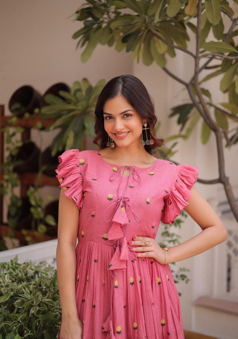 Pink Embroidered Cotton Anarkali - Indya