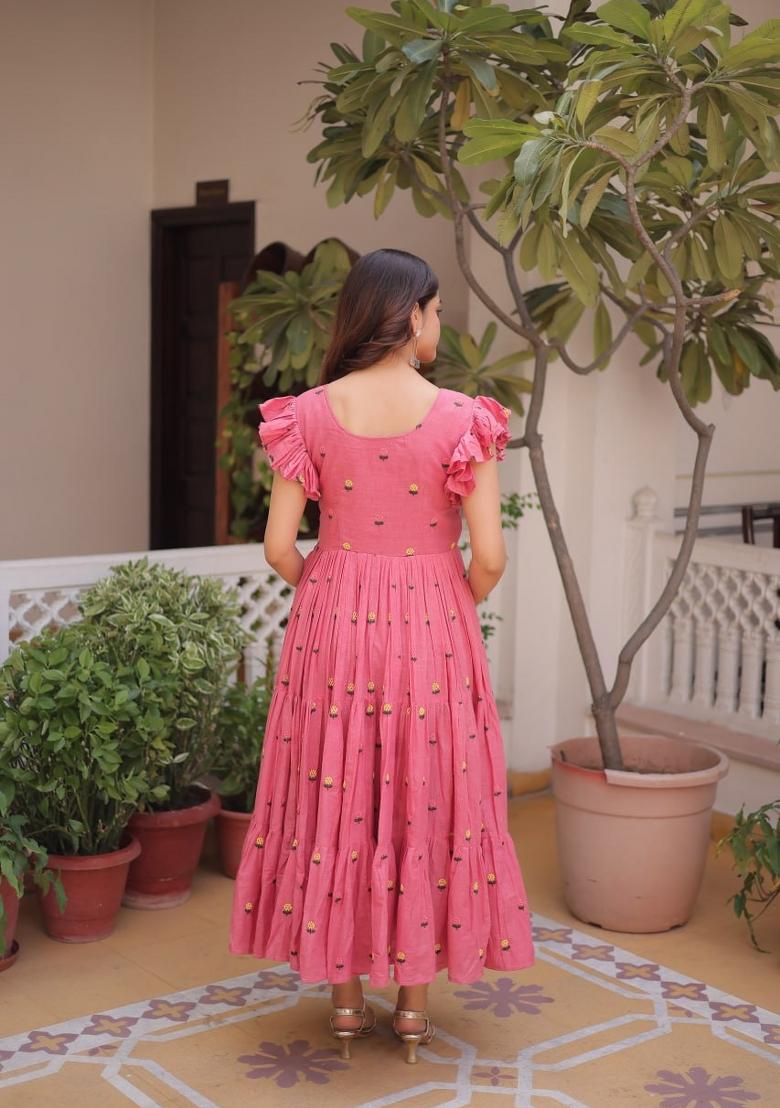 Pink Embroidered Cotton Anarkali - Indya