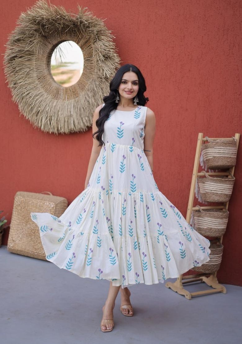 Blue Printed Cotton Anarkali - Indya