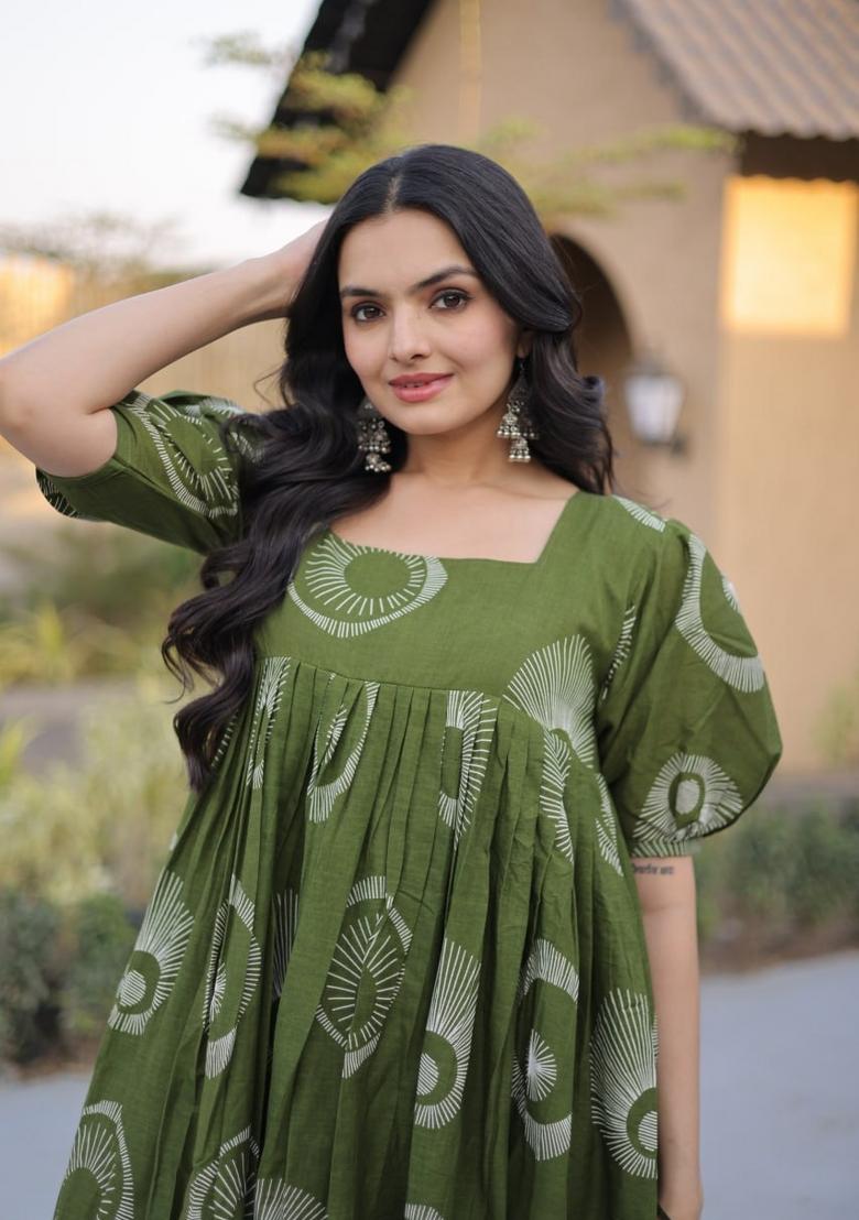 Green Printed Cotton Anarkali - Indya