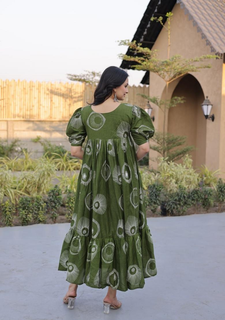 Green Printed Cotton Anarkali - Indya