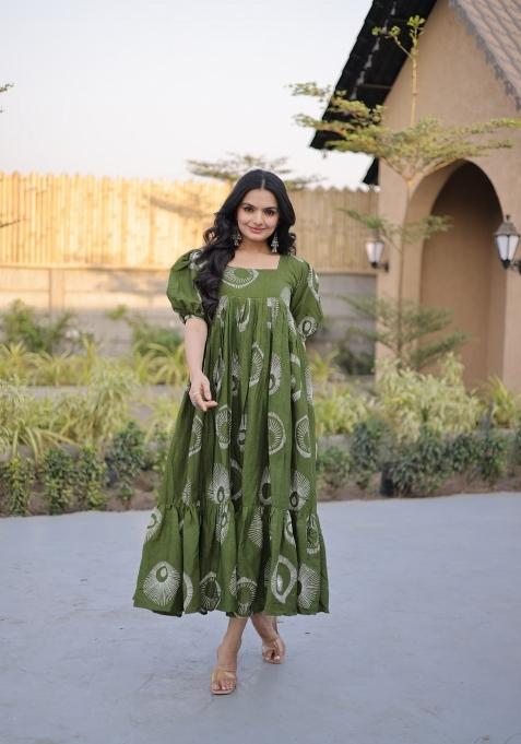 Green Printed Cotton Anarkali