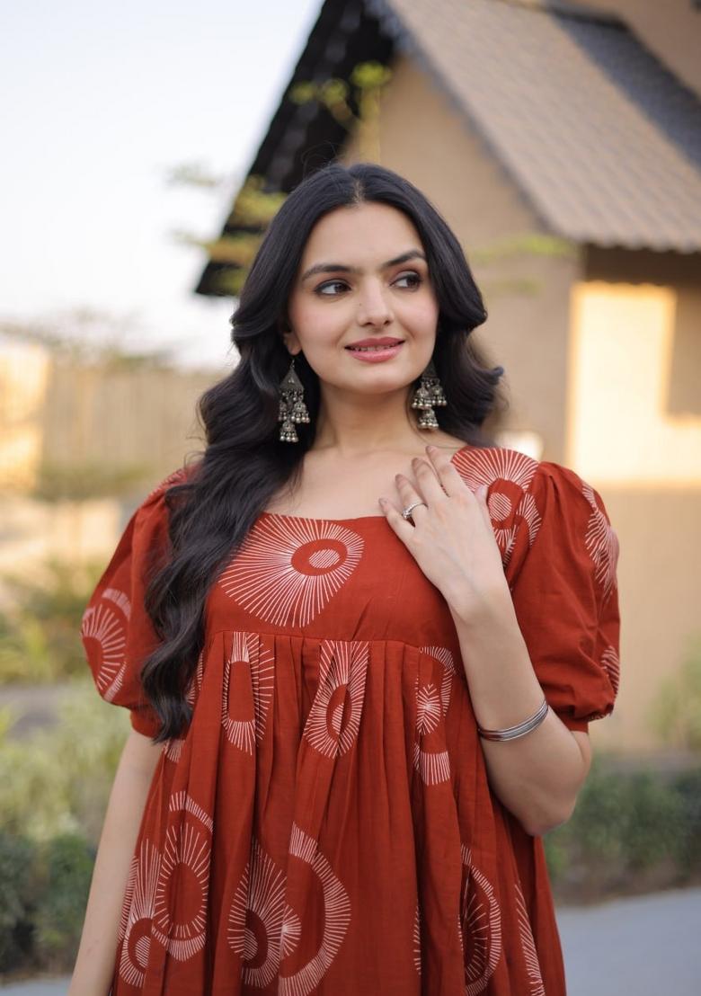 Orange Printed Cotton Anarkali - Indya