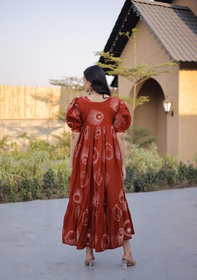 Orange Printed Cotton Anarkali - Indya