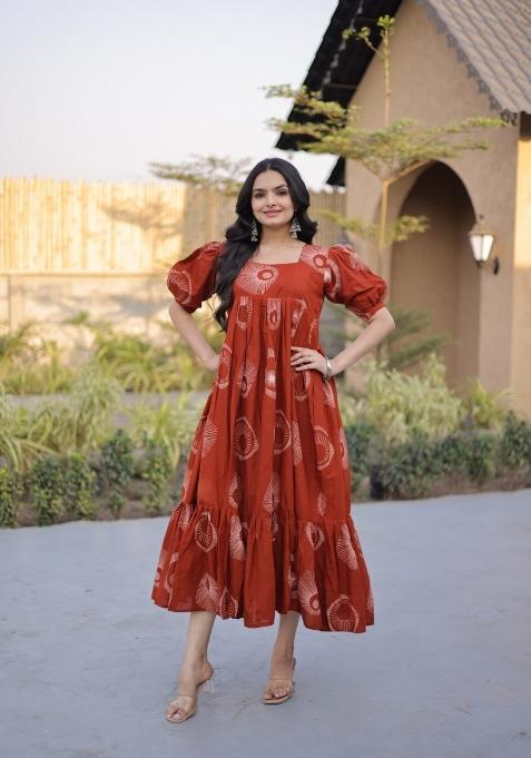 Orange Printed Cotton Anarkali