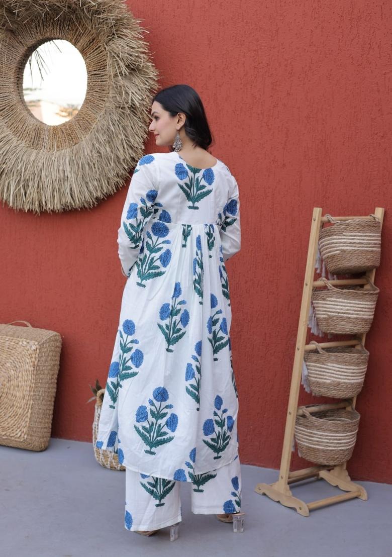 Blue Printed Cotton Anarkali - Indya
