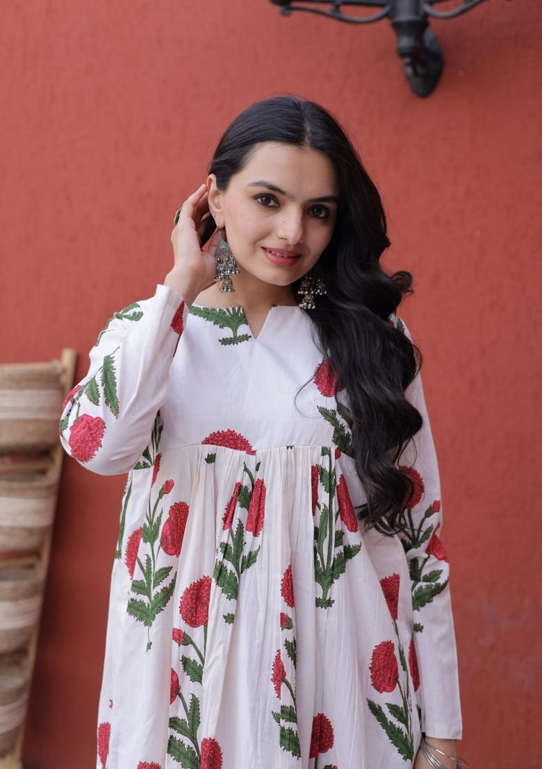 Red Printed Cotton Anarkali - Indya