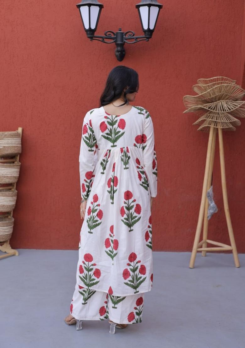 Red Printed Cotton Anarkali - Indya