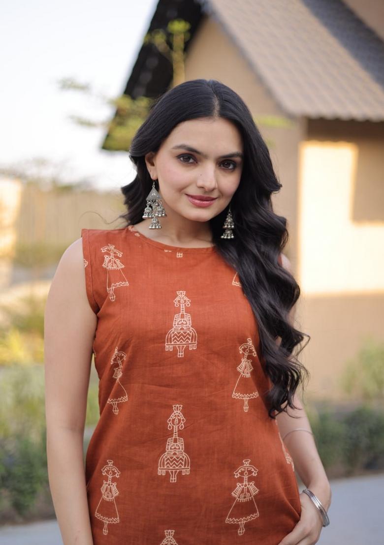 Orange Printed Cotton Anarkali Set - Indya