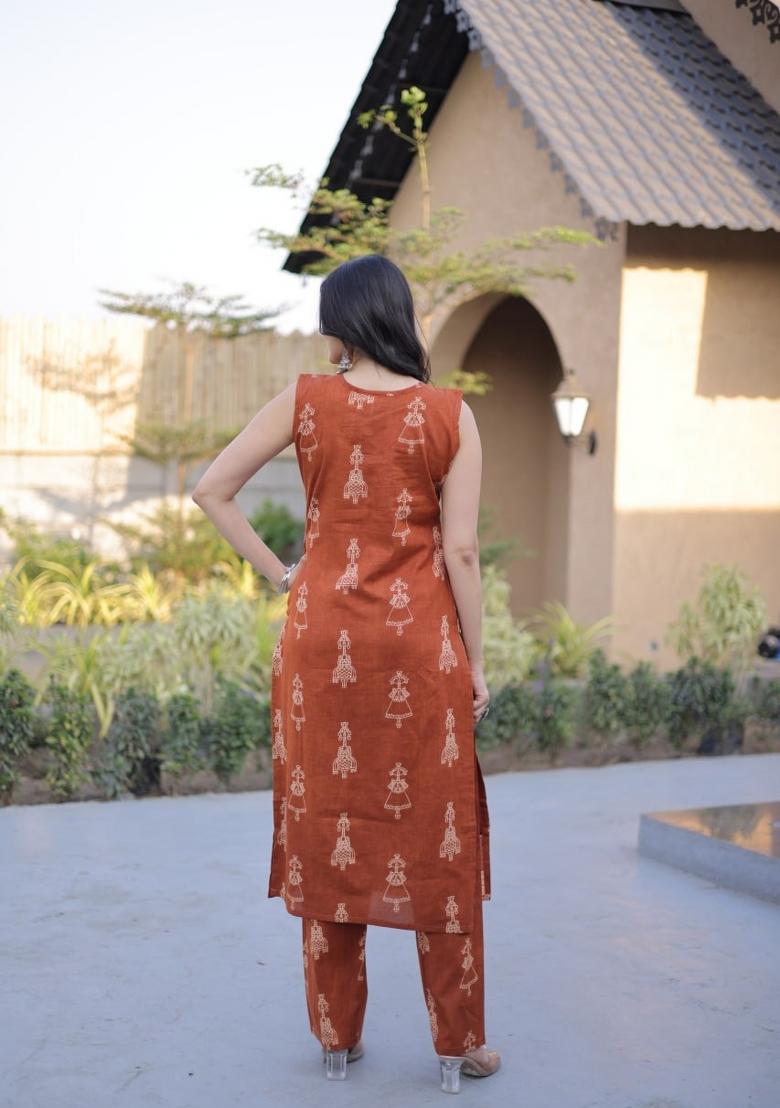 Orange Printed Cotton Anarkali Set - Indya
