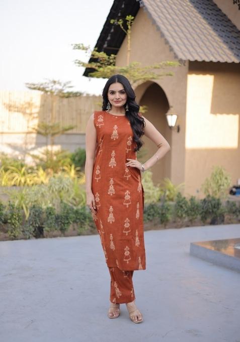 Orange Printed Cotton Anarkali Set