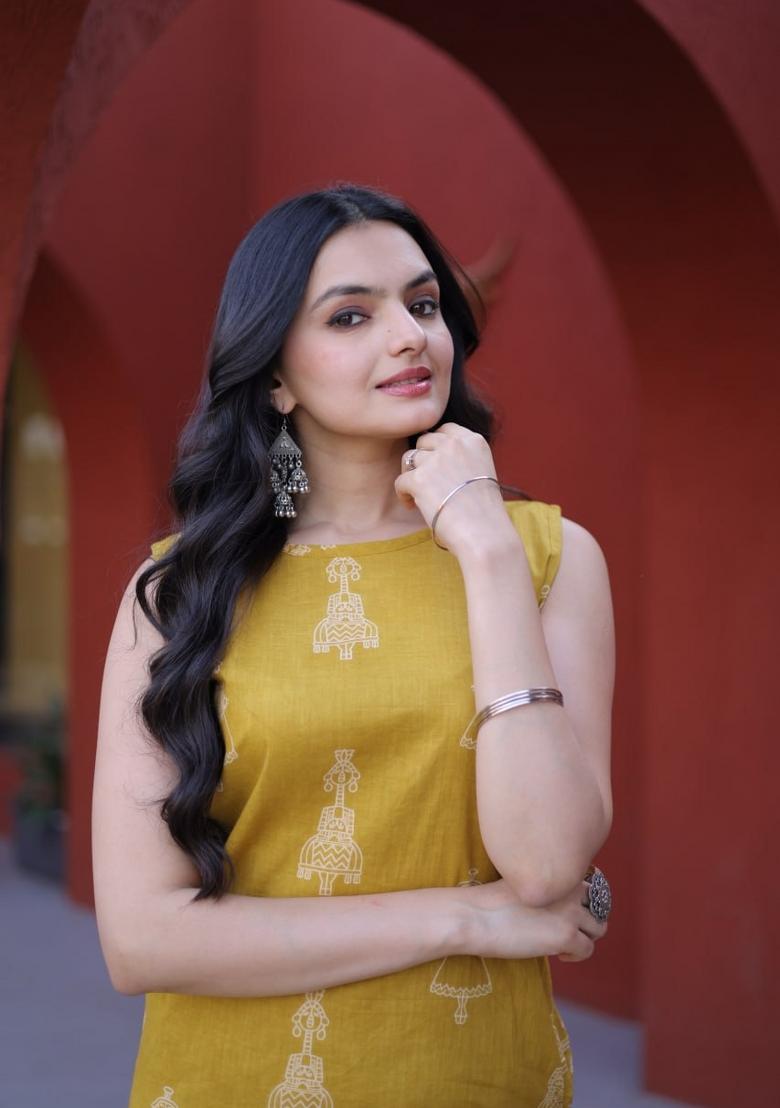 Yellow Printed Cotton Anarkali Set - Indya