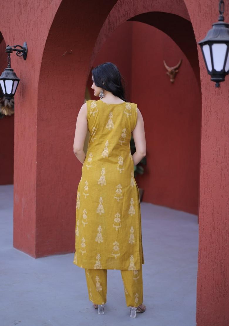 Yellow Printed Cotton Anarkali Set - Indya