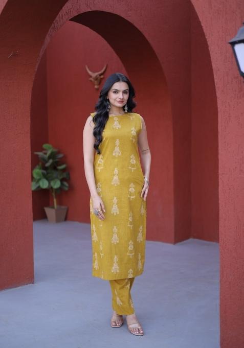 Yellow Printed Cotton Anarkali Set