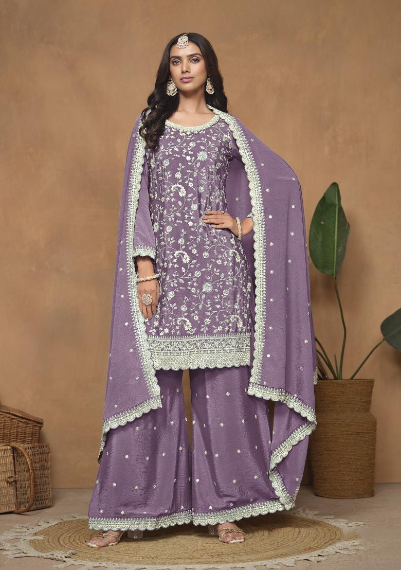 Lavender Embroidered Silk Blend Salwar Kameez - Indya