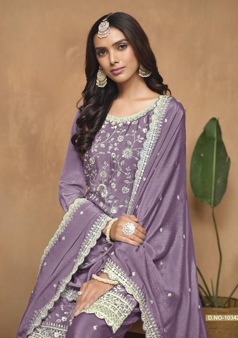 Lavender Embroidered Silk Blend Salwar Kameez - Indya