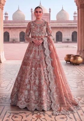 Peach Embroidered Net Anarkali With Dupatta