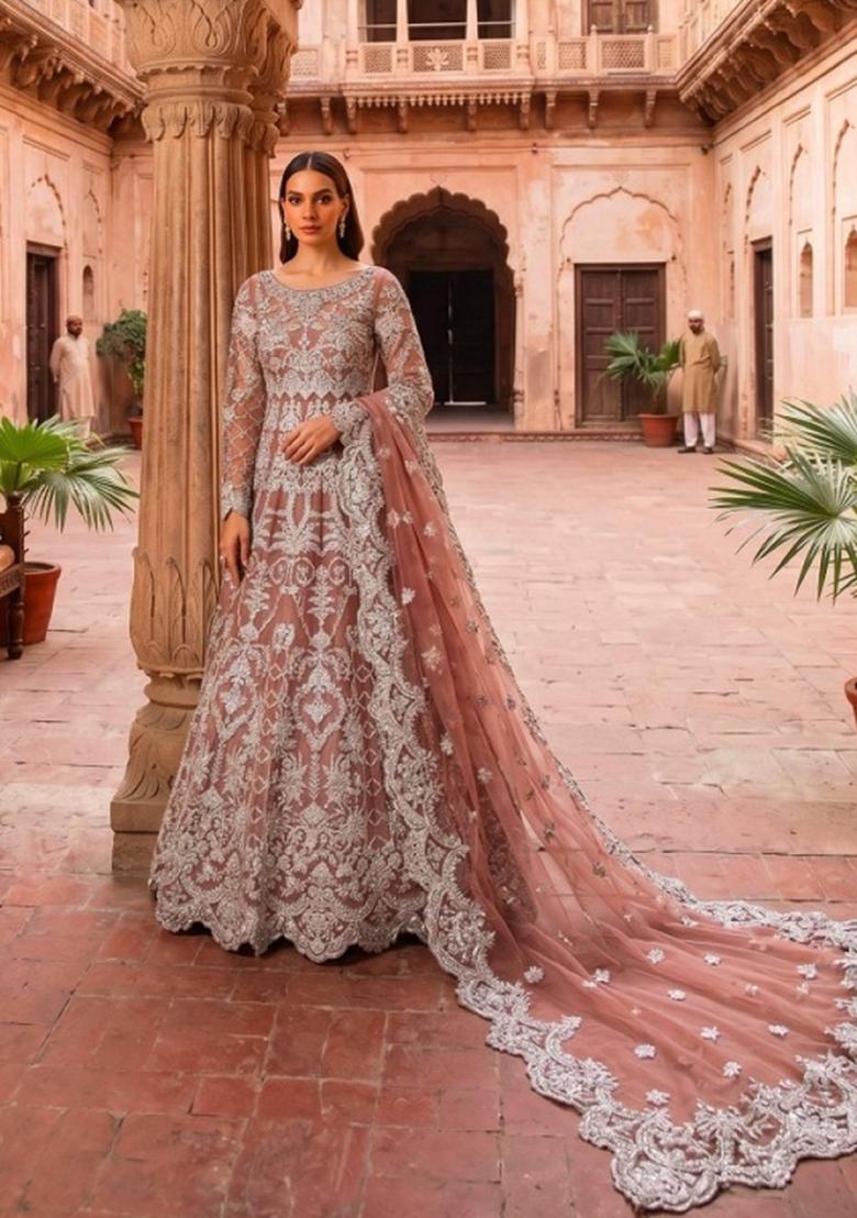 Peach Embroidered Net Anarkali With Dupatta - Indya